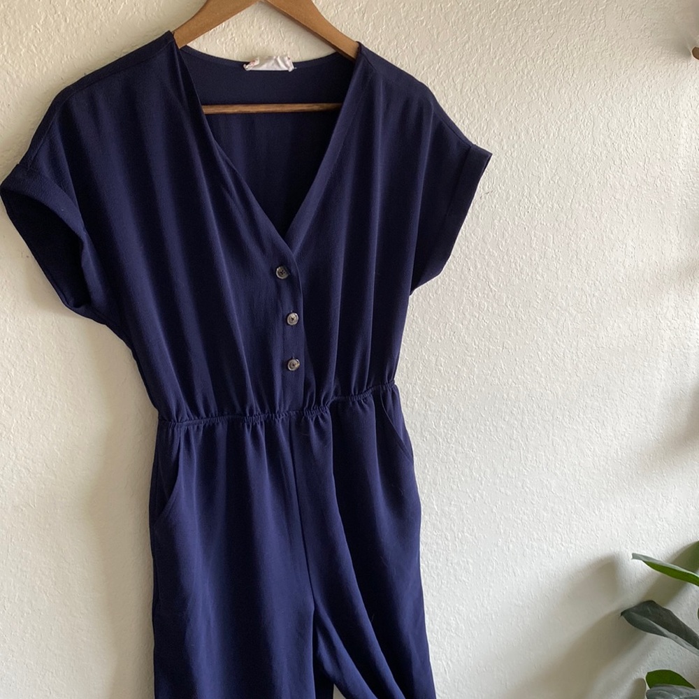 Pink Rose Navy Blue Short-Sleeve Jumpsuit Romper